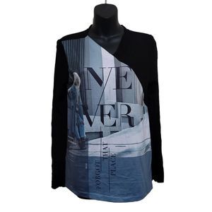 ZARA Black Multicolored LongSleeve V-neck Top Sz Medium